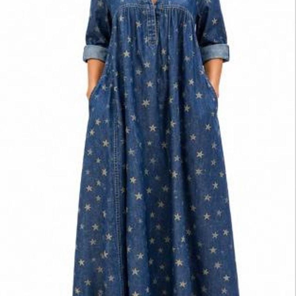 UOOZEE A-Line 3/4 Sleeve Pleated Pocketed Celestial Printed V-Neck Maxi Dress